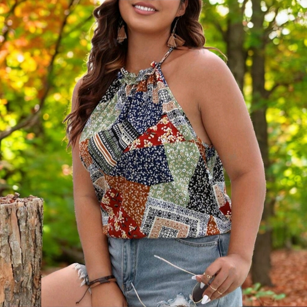 SHEIN VCAY Plus Patchwork Print Halter Top 4X